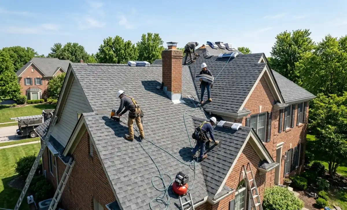 Professional roofer replacing shingles on a residential roof