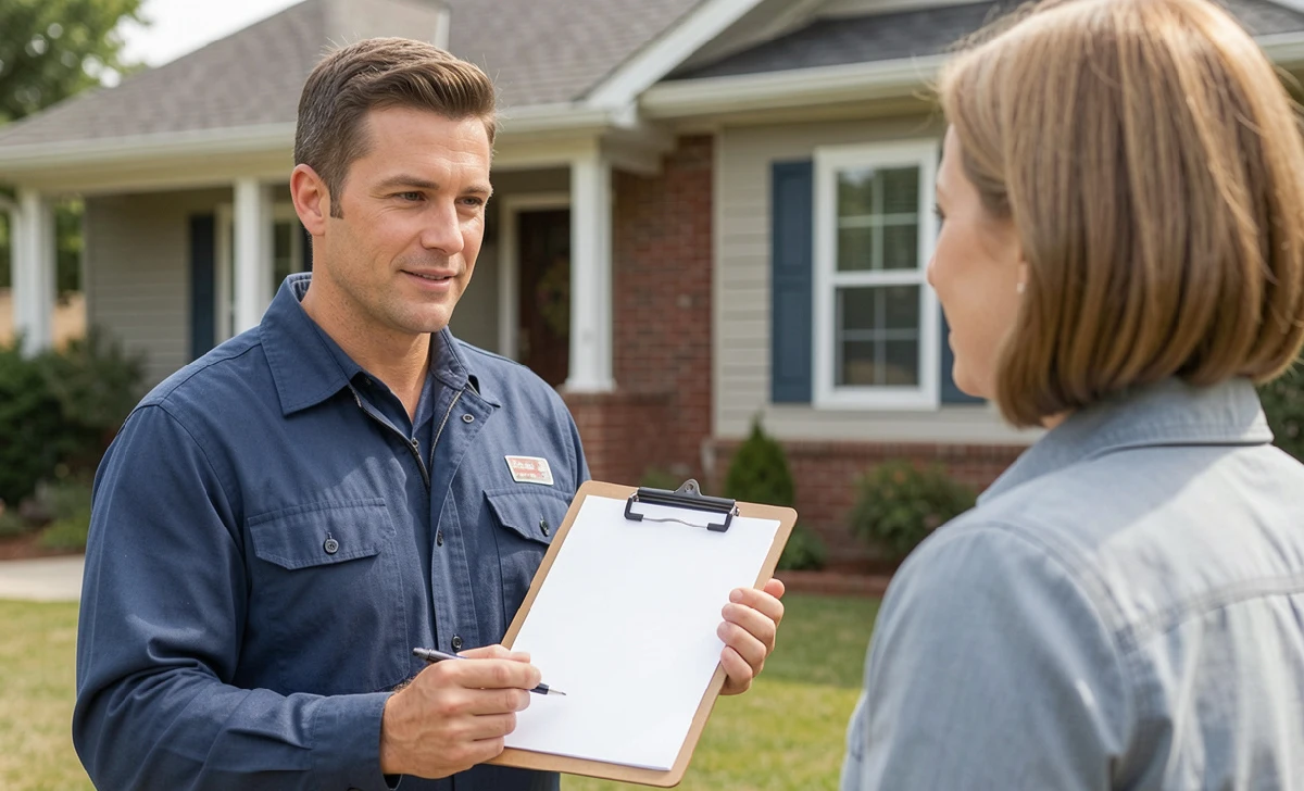 Roofing contractor reviewing a written estimate with a homeowner outside their home
