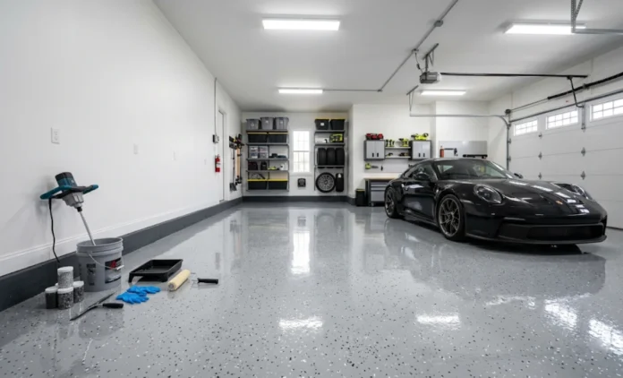 Epoxy Garage Floor Coating Kit – Buyer's Guide 2026 Epoxy garage floor coating kit applied on clean concrete with high-gloss finish and color flakes