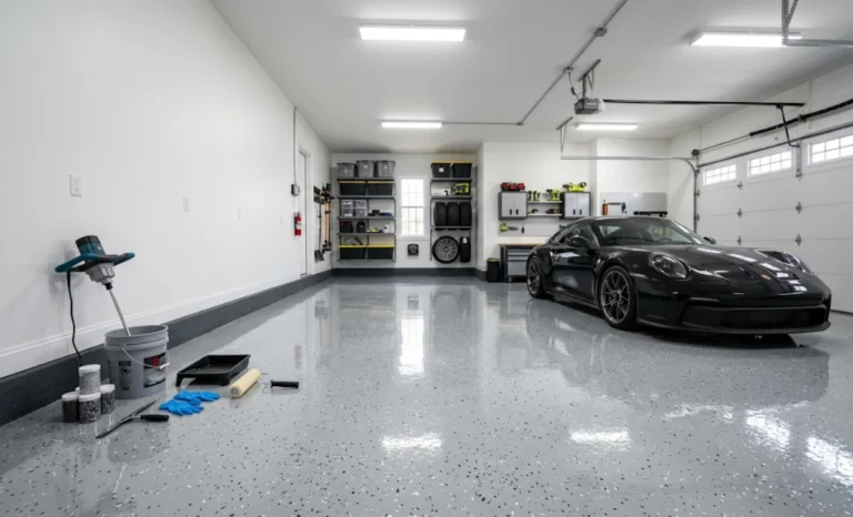 Epoxy garage floor coating kit applied on clean concrete with high-gloss finish and color flakes