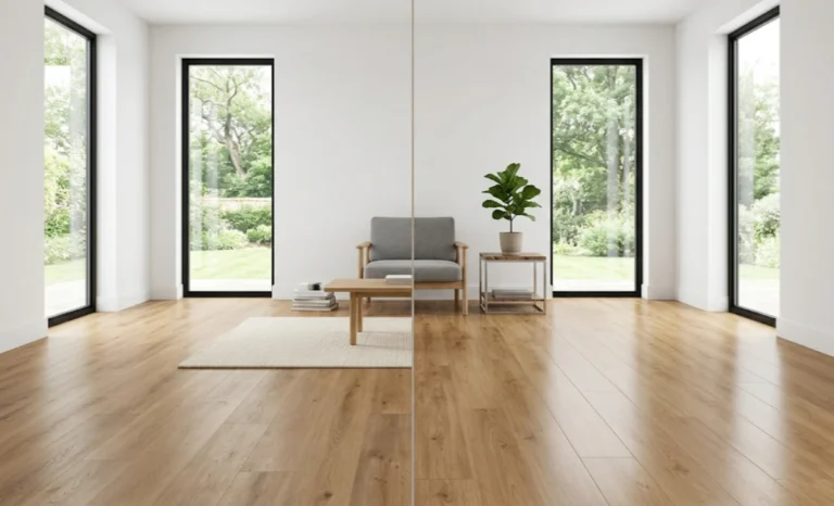 Side-by-side view of luxury vinyl plank flooring vs laminate installed in a modern home interior