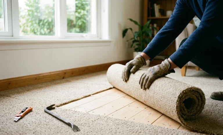 Homeowner removing old carpet for new flooring installation using a pry bar and gloves