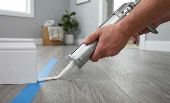 Caulking Between Baseboard and Vinyl Floor – DIY Step-by-Step Guide Person applying caulk between baseboard and vinyl floor with a caulking gun and painter's tape