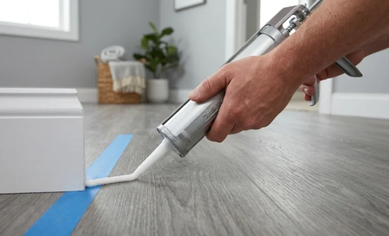 Person applying caulk between baseboard and vinyl floor with a caulking gun and painter's tape